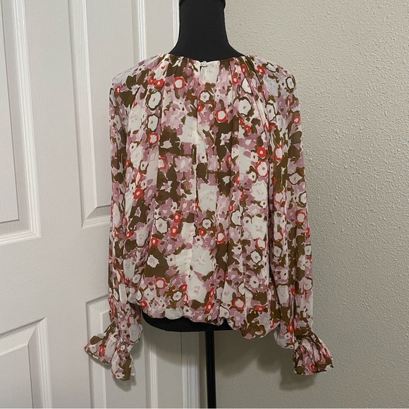 Multicolor Flower Top with Long Statement Sleeves Large Pink Brown Red - Picture 4 of 12